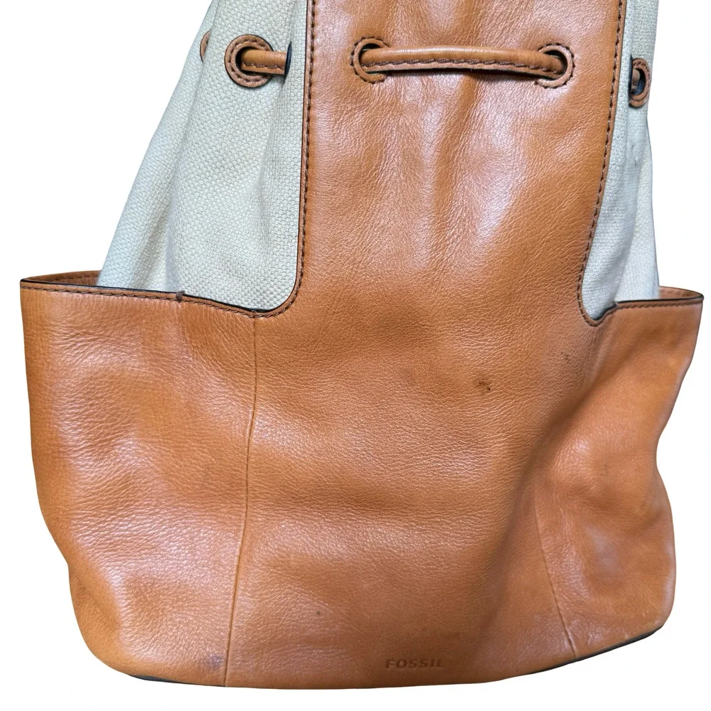 Fossil Leather & Canvas Tan Handbag Shoulder Bag Drawstring Bucket Purse 13x11x6